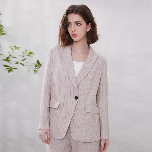 Women’s woven stripes linen blazer in Pink Swan, with twisted-yarn striped texture and peaked lapels. From Borcelleclothes.
