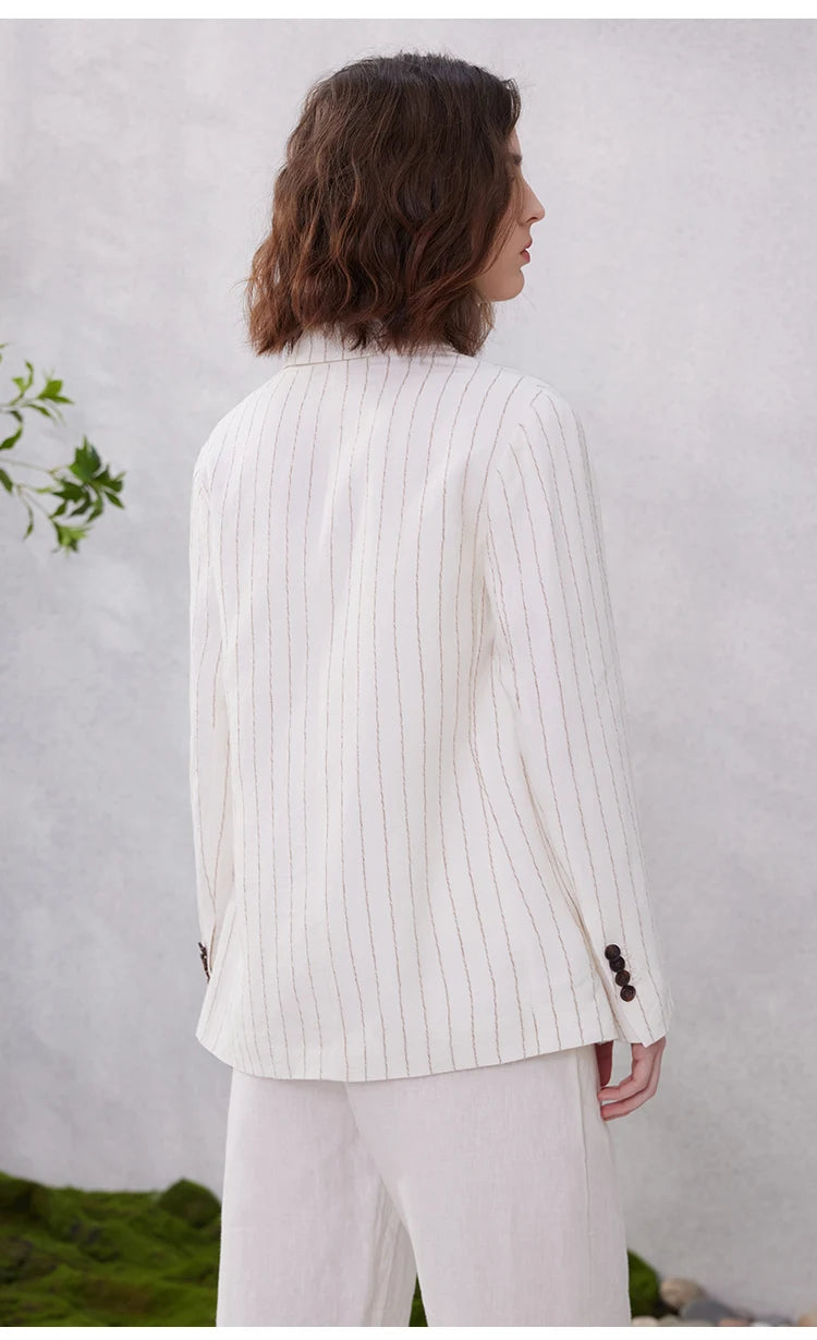Back view of women’s woven stripes linen blazer in Platinum shade with woven stripe detail. From Borcelleclothes.