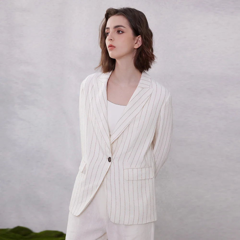 Women’s woven stripes linen blazer in Platinum, with twisted-yarn striped texture and peaked lapels. From Borcelleclothes.