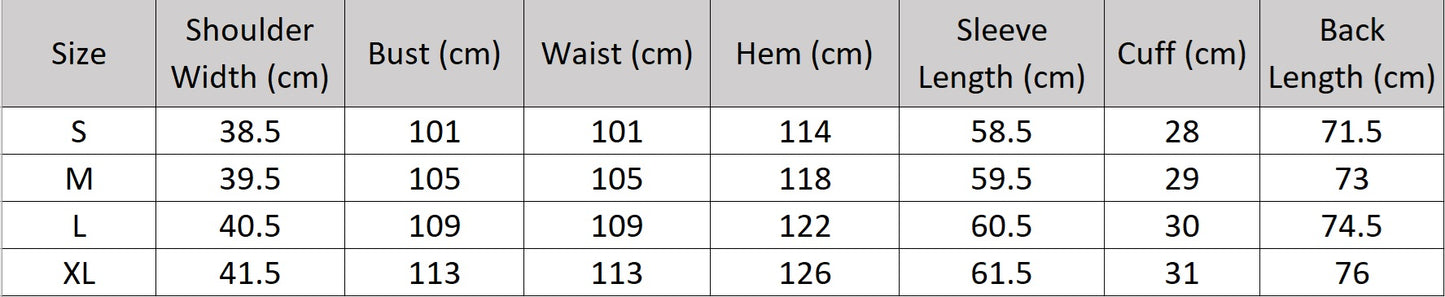 Women’s size chart for a wrap blazer, with hidden hook-and-eye closure, notch lapels, welt pockets, golden pendant accent, and thigh-length cut – From Borcelleclothes.