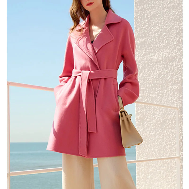 Women's mid-thigh wrap coat in Dark Rose cashmere with kimono sleeves and notch lapels. From Borcelleclothes.