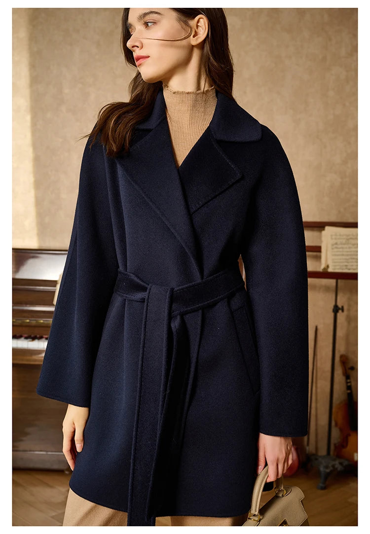 Women's mid-thigh wrap coat in Mirage cashmere with kimono sleeves and notch lapels. From Borcelleclothes.