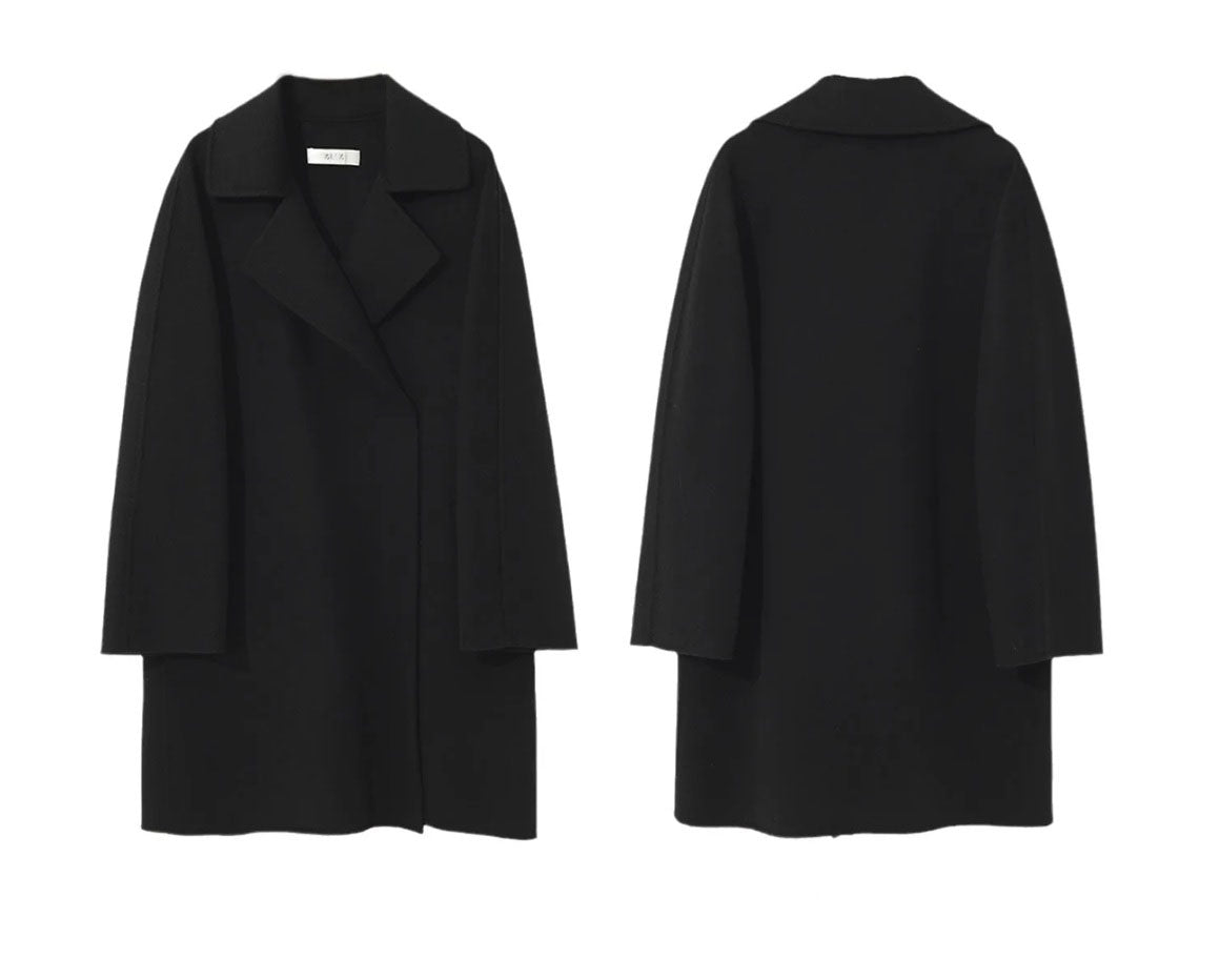 Front and back view of a Women's Wrap Cashmere coat in Onyx. From Borcelleclothes.
