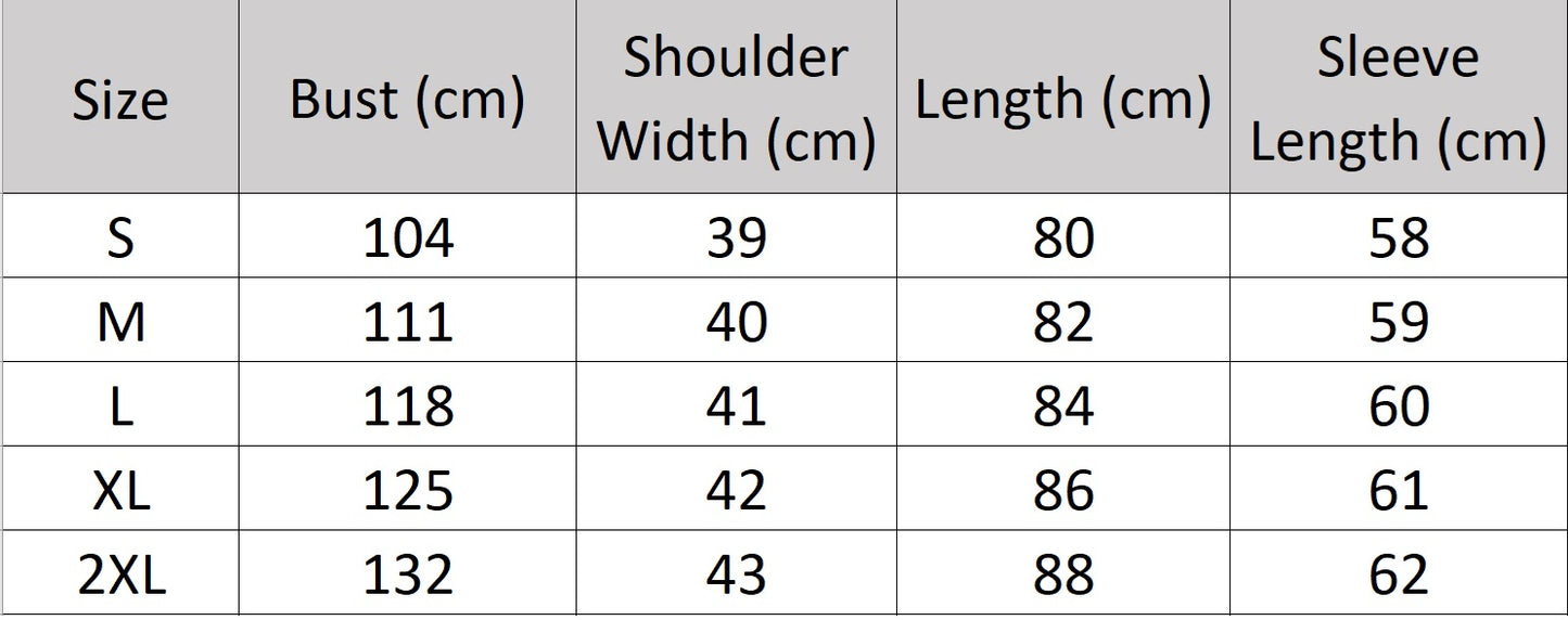 Women's size chart for a mid-thigh wrap coat cashmere with kimono sleeves and notch lapels. From Borcelleclothes.