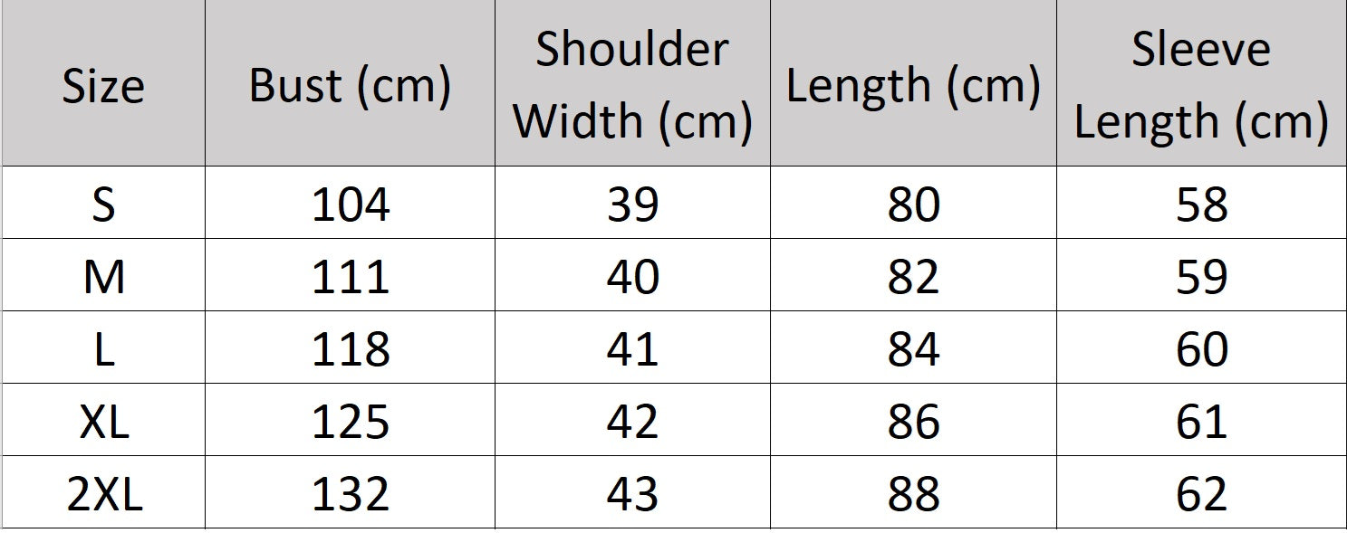 Women's size chart for a mid-thigh wrap coat cashmere with kimono sleeves and notch lapels. From Borcelleclothes.
