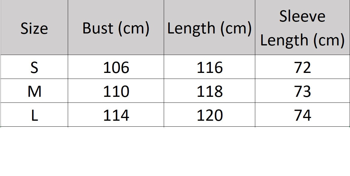 Women's size chart for a Wrap Coat Redefined—crafted from a luxurious blend of Merino wool and cashmere. Featuring square gussets for a structured silhouette, notch lapels, a single-welt pocket design, and an adjustable belt, this mid-calf wrap coat blends modern tailoring with timeless elegance. From Borcelleclothes.