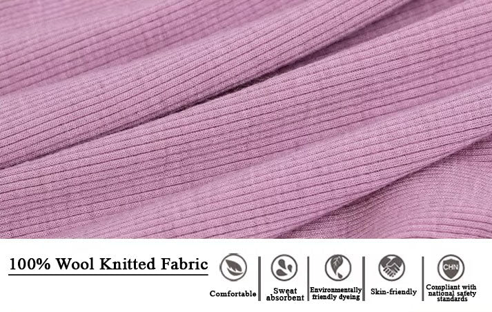 Demo of the 100% Wool knitted fabric in Lily color highlights the properties of the fabric - comfortable, sweat absorbent, environmentally friendly dying, skin-friendly, and compliant with national safety standards. From Borcelleclothes.