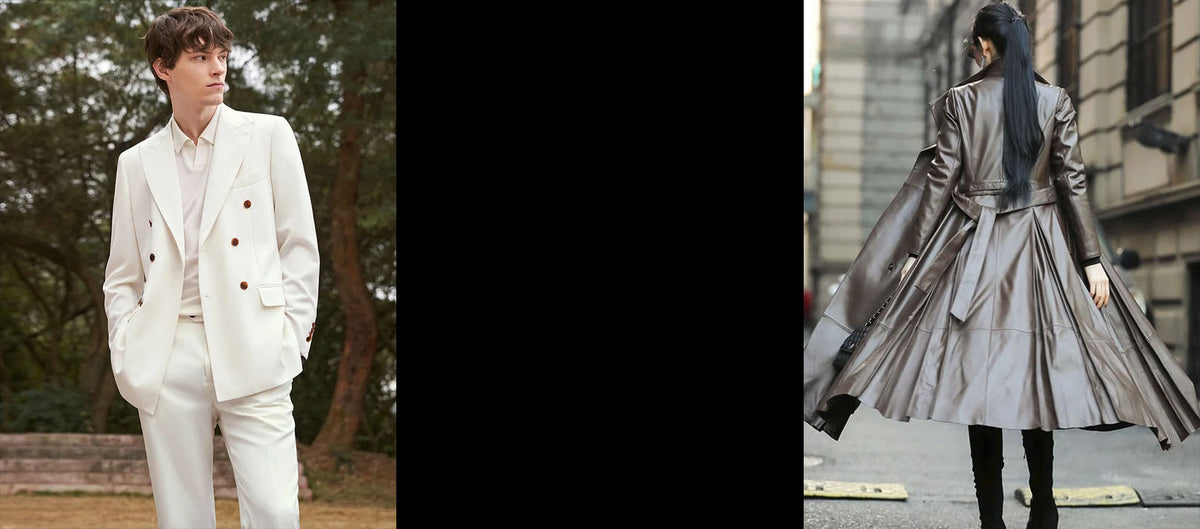 A three-panel collage banner for an autumn collection 2026, showing fashion: a man in a white double-breasted suit outdoors, a black central panel, and a woman from behind wearing a metallic silver pleated long coat on a city street. — From Borcelleclothes.