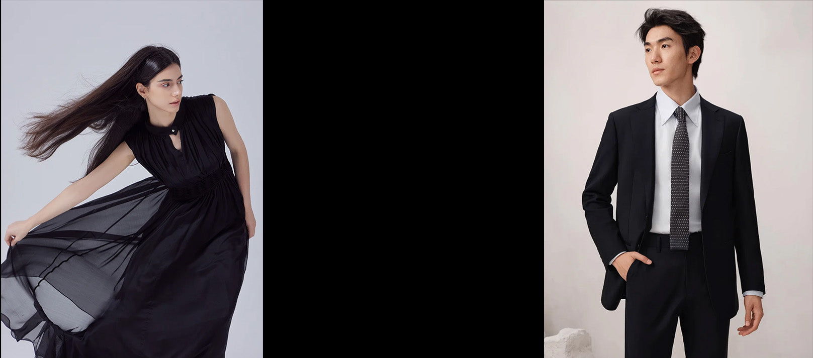 A panoramic banner for Borcelle Spring 2026 Collection: a man and a woman standing in unison, showcasing the contrast between flowing black silk and a structured wool suit, representing the dialogue of resilient leather and silent wool. — From Borcelleclothes.