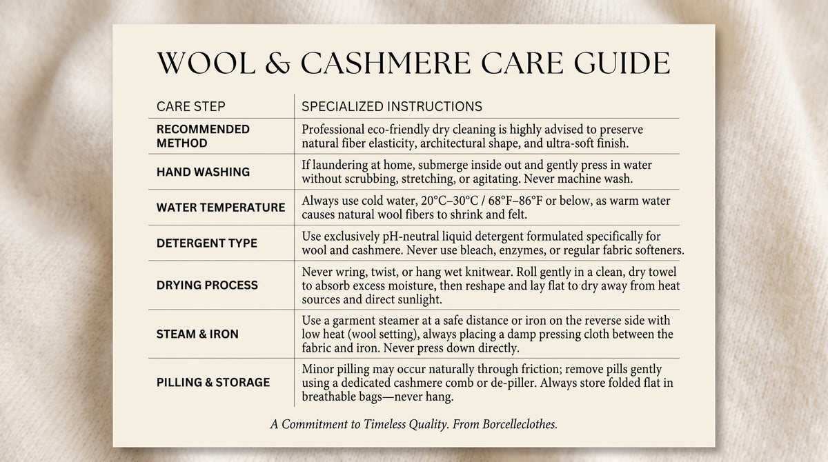 Care Guide for a Men's Ribbed Arbas Cashmere Sweater detailing care recommendations such as avoiding washing, bleach, and tumble drying. Professional cleaning is suggested. From Borcelleclothes.