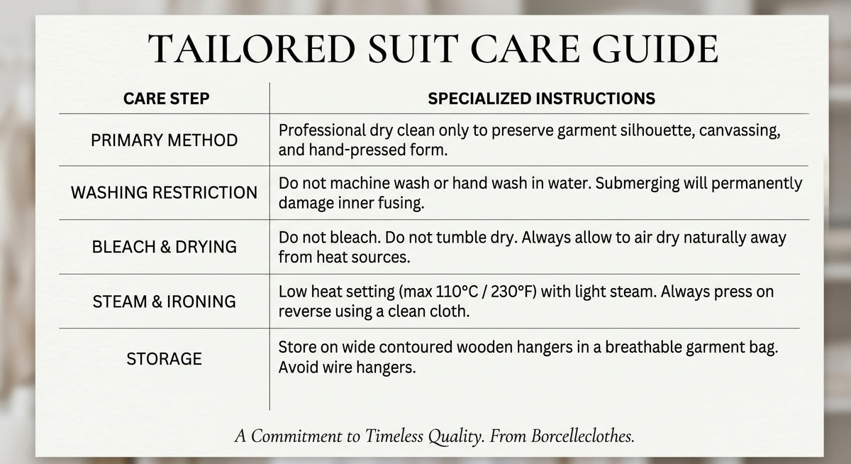 Care Guide for a Men's Salt Wave Melange Wool Suit, detailing care recommendations such as avoiding washing, bleach, and tumble drying, with ironing limited to 110°C. Professional cleaning suggested. From Borcelleclothes.