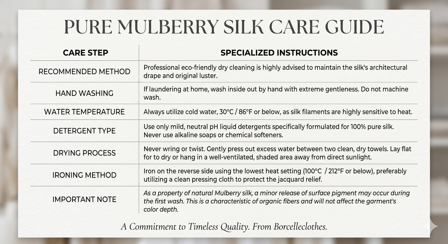 Care Guide for a Men's Suzhou Silk Jacquard Shirt: hand wash in cold water; not machine washable; do not wring; dry; not suitable for insolation. From Borcelleclothes.