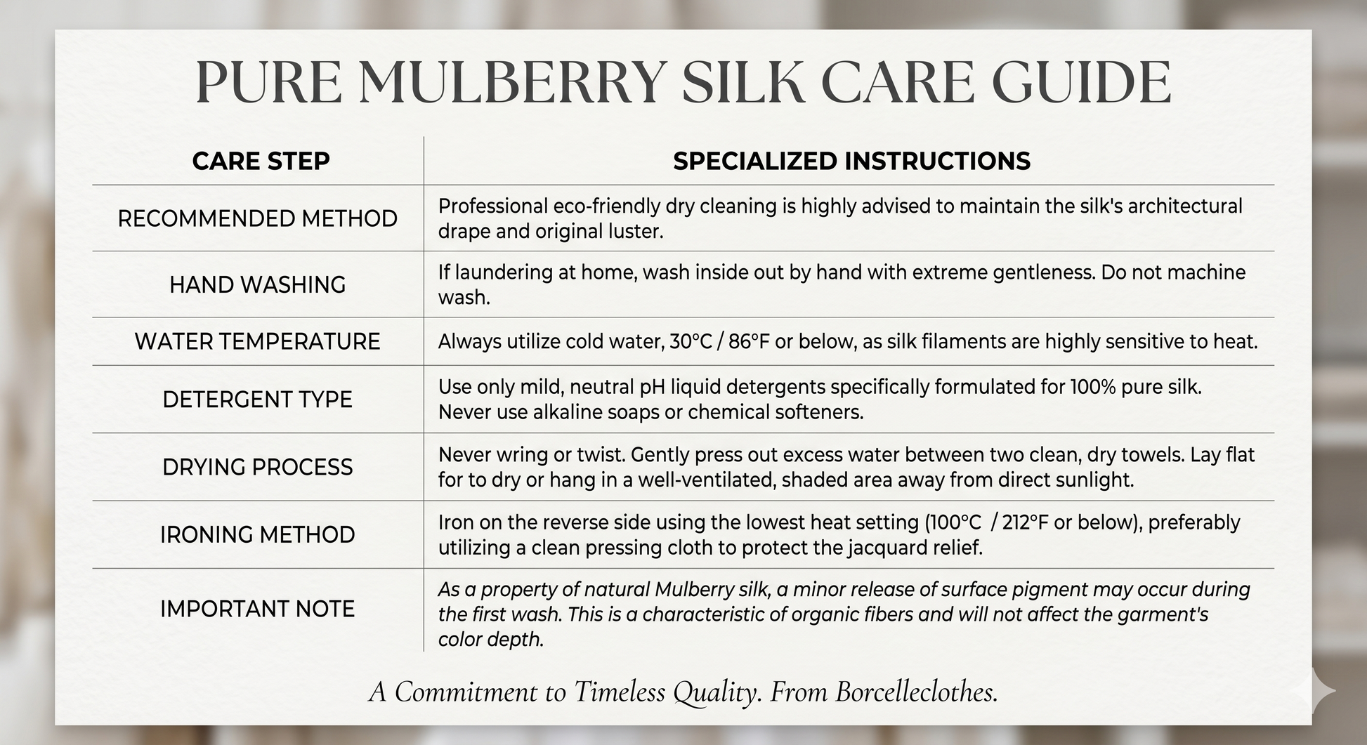 Care Guide for a Men's Suzhou Silk Jacquard Shirt: hand wash in cold water; not machine washable; do not wring; dry; not suitable for insolation. From Borcelleclothes.