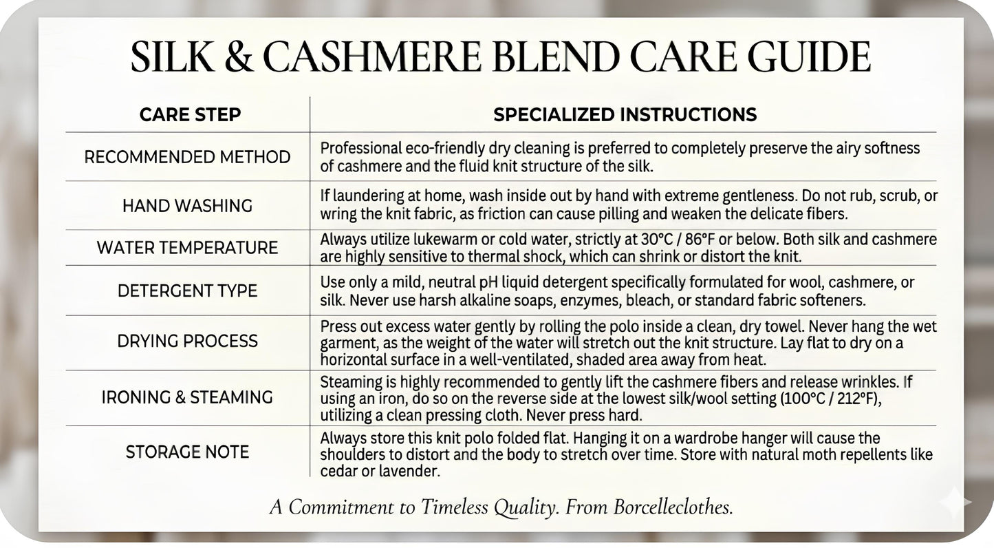 Care Guide for a Men's knitted silk-cashmere polo, including hand wash in cold water, not machine washable, do not screw dry, and not suitable for insolation. From Borcelleclothes.