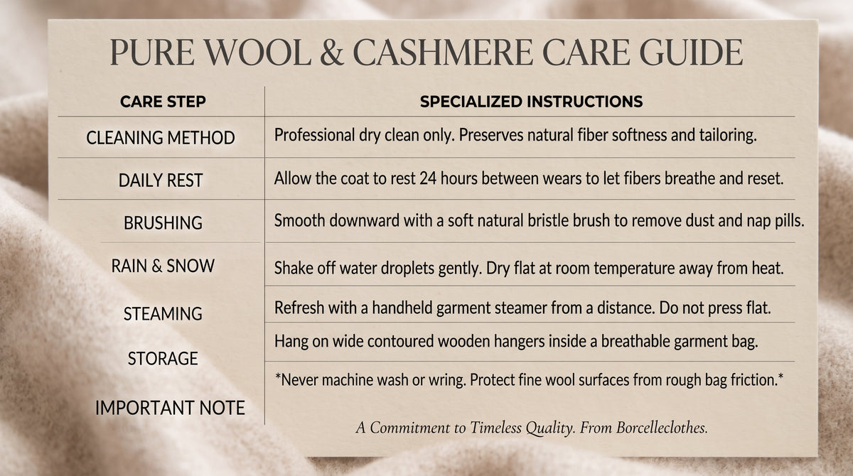 Care Guide for a Men’s Ribbed Hem Wool-Leather Jacket, detailing care recommendations such as avoiding washing, bleach, and tumble drying. Professional cleaning is suggested. From Borcelleclothes.