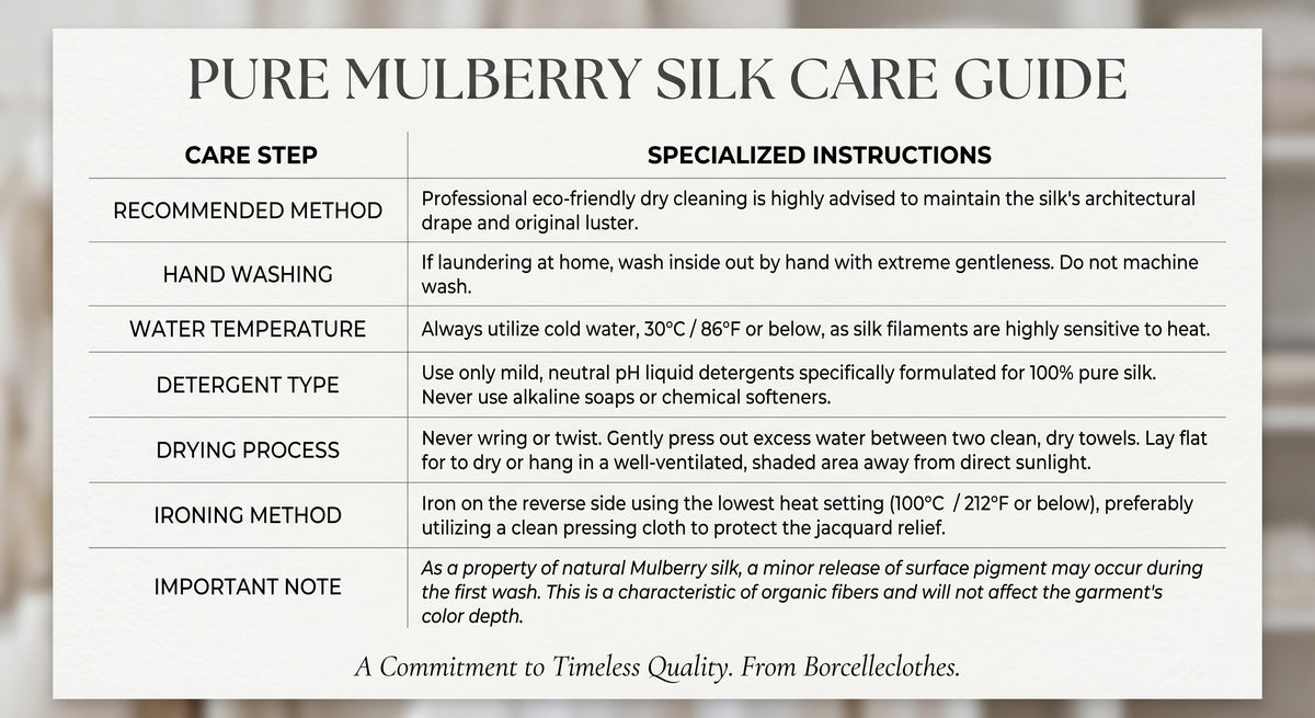 Care Guide for a Women's Mulberry Silk Blouse with Embossed Leaves: hand wash in cold water; not machine washable; do not wring; dry; not suitable for insolation. From Borcelleclothes.