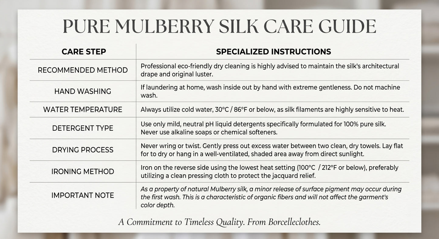Care guide for a Women's Mulberry Silk Dress and Cape in Folklore Rose, including recommendations for dry cleaning, gentle hand washing, avoiding alkaline detergents, and low-heat ironing with a pressing cloth.