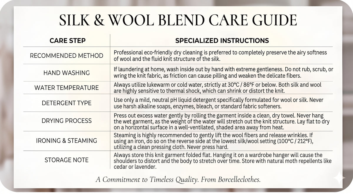 Care Guide for a Women's Off-The-Shoulder Wool Silk: hand wash in cold water; not machine washable; do not wring; dry; not suitable for insolation. From Borcelleclothes.