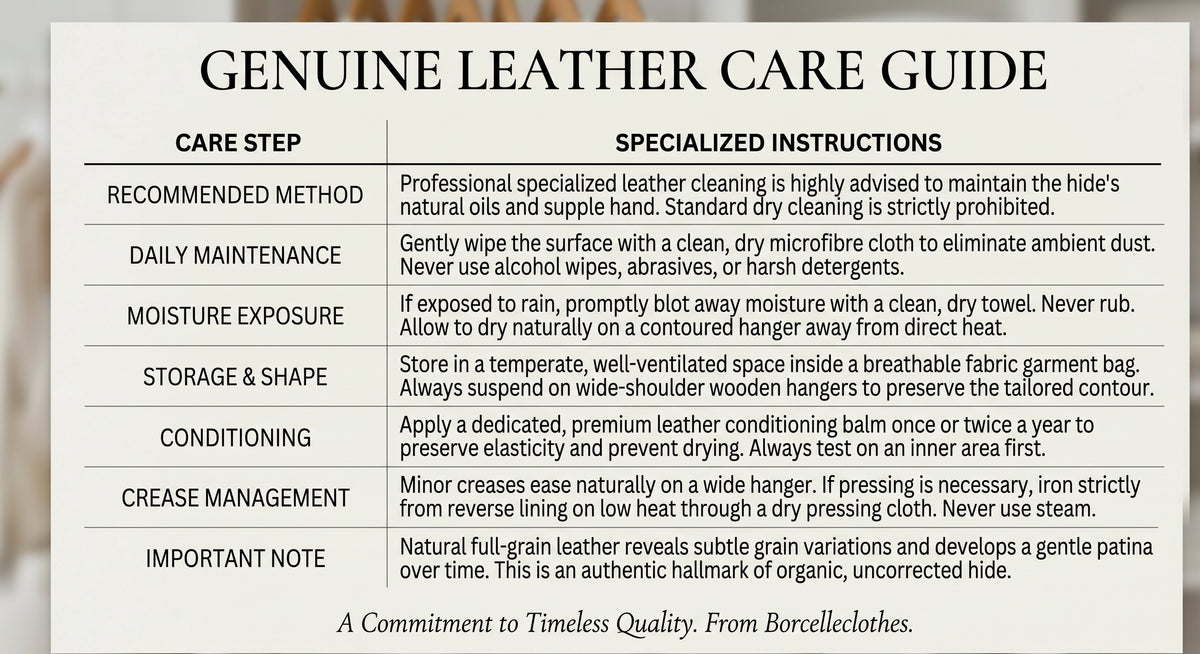 Care instructions for a Men's Cowhide Jacket with Overlay Contrast, detailing care recommendations such as avoiding washing, bleach, and tumble drying. Professional cleaning is suggested. From Borcelleclothes.