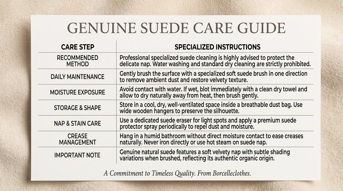 Care instructions for a Men's Nutmeg Suede Bomber, detailing care recommendations such as avoiding washing, bleaching, and tumble drying. Professional cleaning is suggested. From Borcelleclothes.