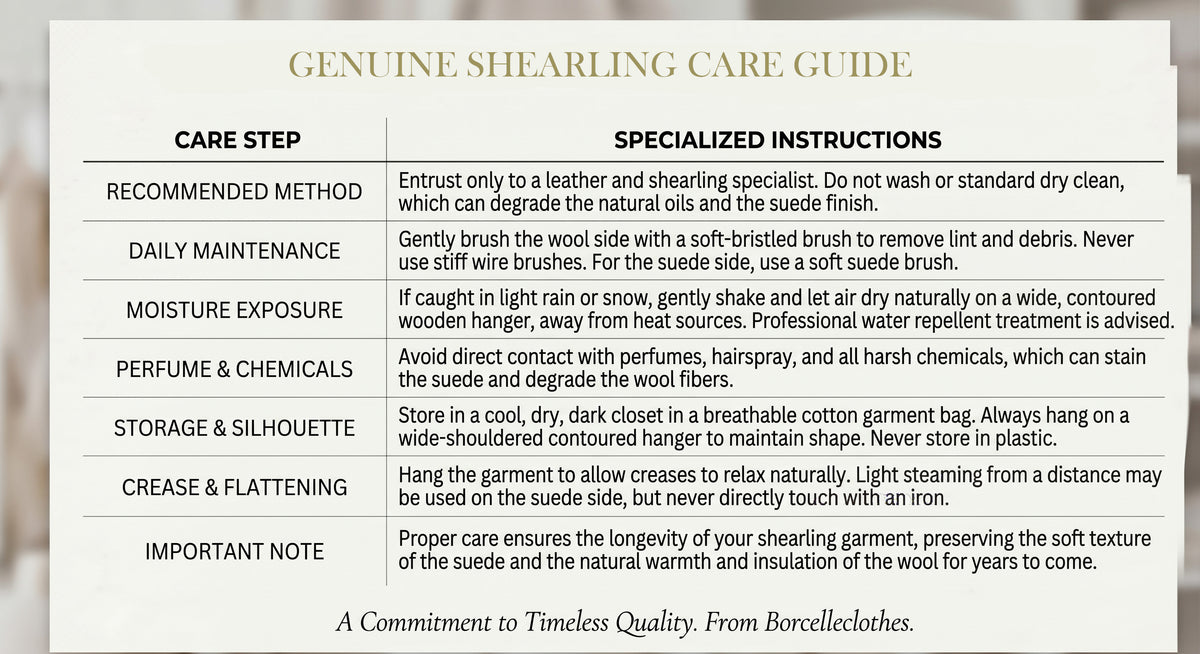 Care instructions for a Women's Goatskin Coat with Self-Tied Detail, detailing care recommendations such as avoiding washing, bleaching, and tumble drying. Professional cleaning is suggested. From Borcelleclothes.