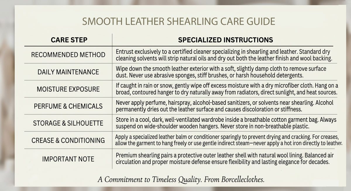 Care instructions for a Women's Reversible Shearling Jacket with Arched Hem, detailing care recommendations such as avoiding washing, bleaching, and tumble drying. Professional cleaning is suggested. From Borcelleclothes.