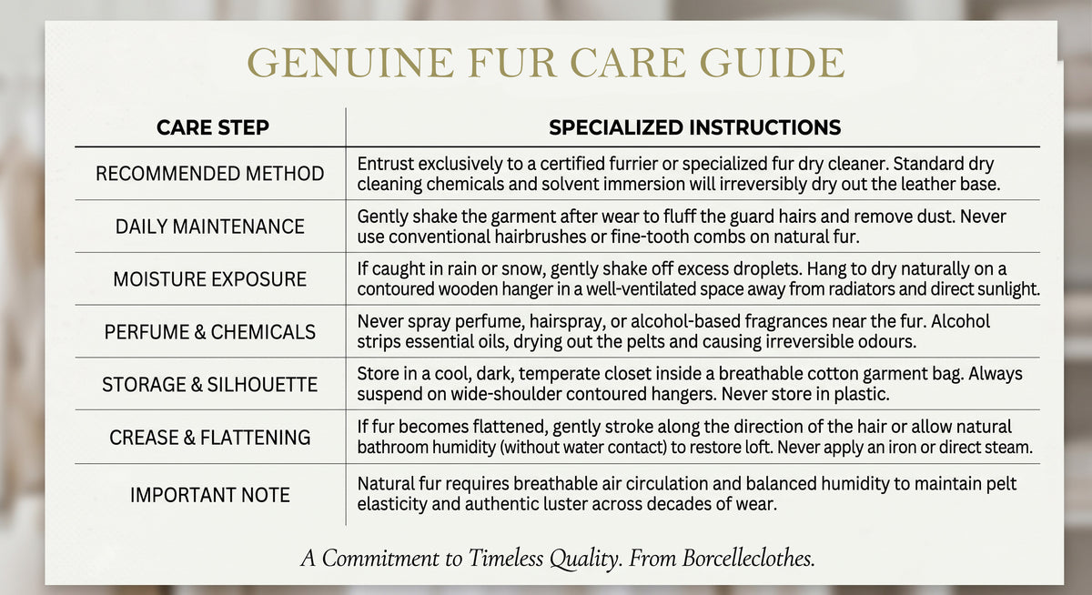 Care instructions for a Women's Sheared Mink Coat in Houndstooth, detailing care recommendations such as avoiding washing, bleaching, and tumble drying. Professional cleaning is suggested. From Borcelleclothes.