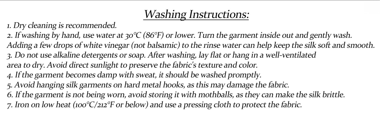 Washing instructions for a Women's Silk Georgette Flutter-Sleeve Dress, including recommendations for dry cleaning, gentle hand washing, avoiding alkaline detergents, and low-heat ironing with a pressing cloth. — From Borcelleclothes.