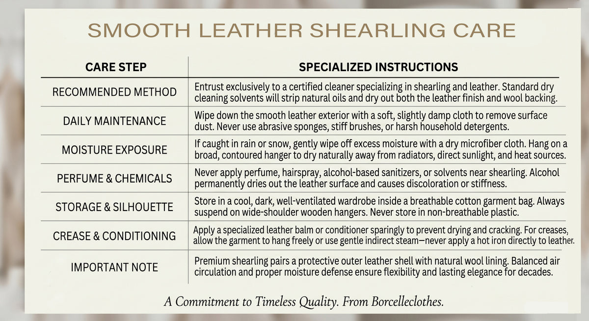 Care instructions for a Women's V-shaped Neckline Shearling Coat, detailing care recommendations such as avoiding washing, bleaching, and tumble drying. Professional cleaning is suggested. From Borcelleclothes.