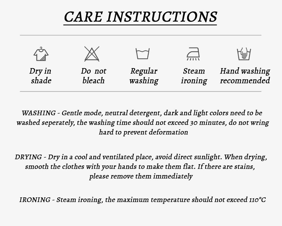 Care instructions for a Women's Alabaster Two-Piece Set, detailing care recommendations such as hand washing, don't bleach, and steam ironing. From Borcelleclothes.