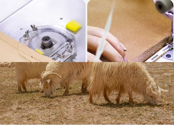 A collage showcasing the manufacturing process of Tibetan cashmere, beginning with goats grazing in their natural habitat, highlighting the origins of this luxurious material. From Borcelleclothes.