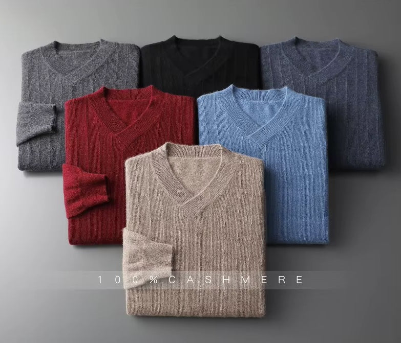 Demo of the Men's Cashmere V-Neck Sweater folded in six colors, showcasing the luxurious pure cashmere material. From Borcelleclothes.
