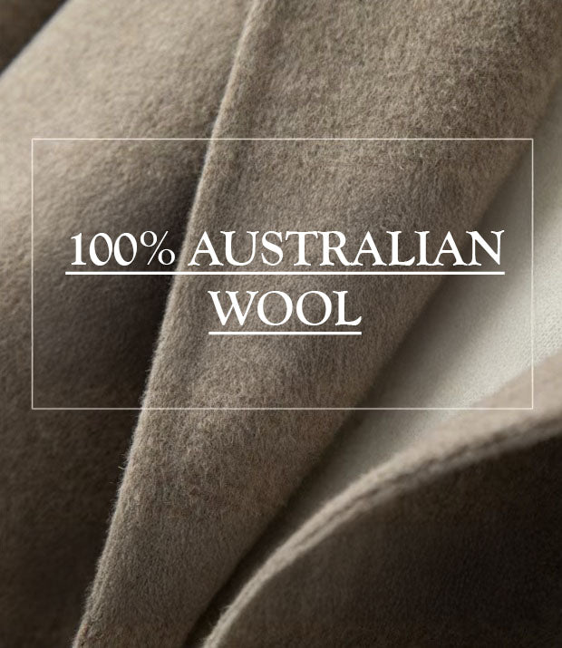 The Women’s Double-Sided Australian Wool Jacket in Almond Frost, highlighting the soft, refined texture of 100% Australian wool. From Borcelleclothes.