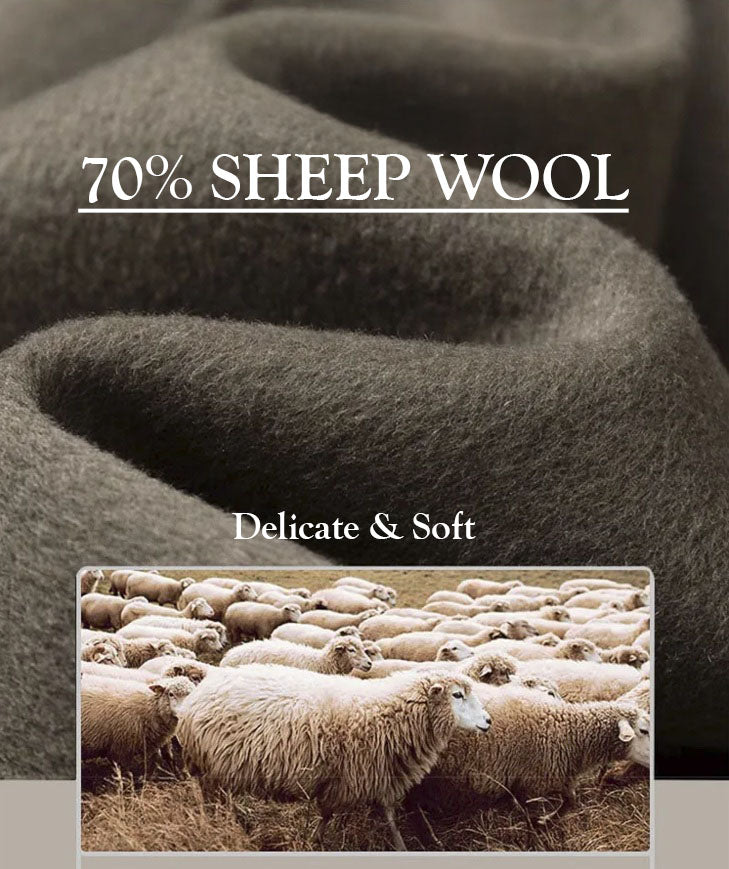 A collage featuring the Sandstone fabric of the Men's Luxurious Double-Faced Coat—softly draped to showcase its fluidity, paired with an image of Merino sheep, emphasizing the premium wool and cashmere blend. From Borcelleclothes.