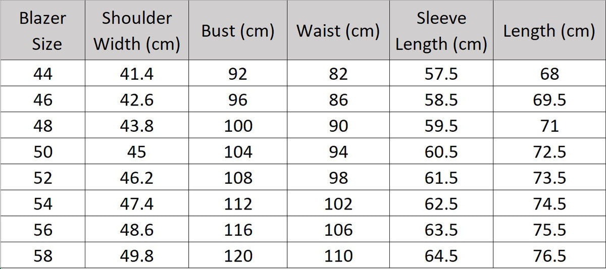 Blazer size chart for the Men's Alabaster Merino Wool Suit, detailing measurements for a tailored fit. From Borcelleclothes.
