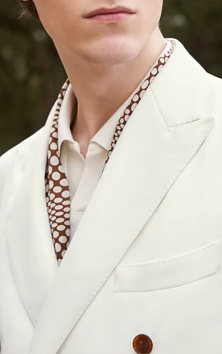 The upper part of the Men's Alabaster Merino Wool Suit, featuring the double-breasted blazer and peaked lapels. From Borcelleclothes.