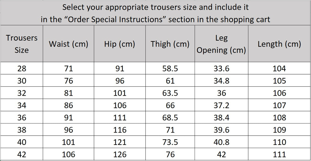 Pants size chart for the Men's Alabaster Merino Wool Suit, providing precise measurements for a streamlined look. From Borcelleclothes.