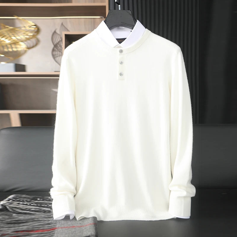 Men’s Button Placket Cashmere Sweater in Alabaster, with placket detail and textured shoulder panels, regular fit, shown layered with shirt — From Borcelleclothes.