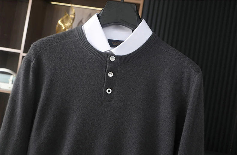 Upper part of a Men’s Button Placket Cashmere Sweater in Charcoal Grey. — From Borcelleclothes.