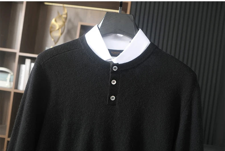 Men’s cashmere sweater in Onyx, close-up of the upper construction — From Borcelleclothes.