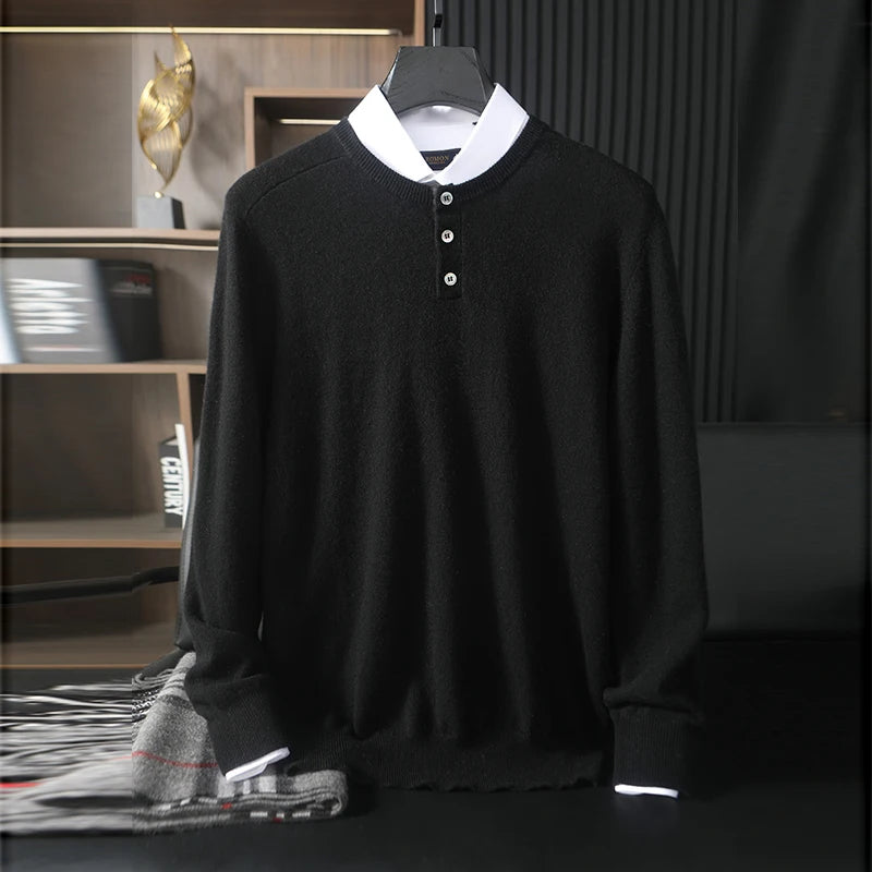 Men’s Button Placket Cashmere Sweater in Onyx, with placket detail and textured shoulder panels, regular fit, shown layered with shirt — From Borcelleclothes.