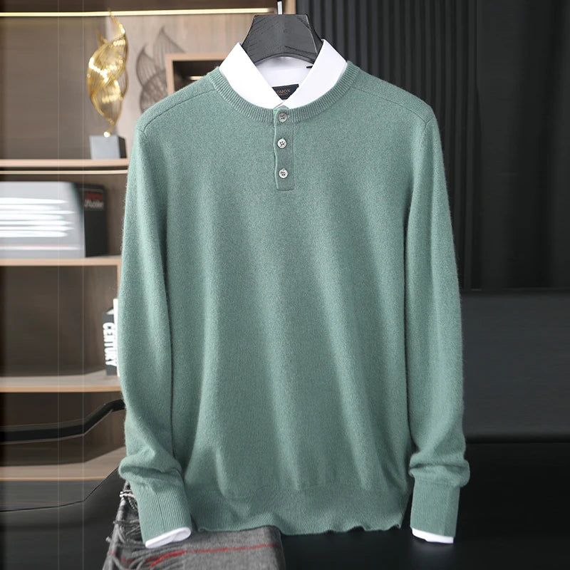 Men’s Grade A Cashmere Sweater in Opal, with placket detail and textured shoulder panels, regula fit, shown layered with shirt — From Borcelleclothes.