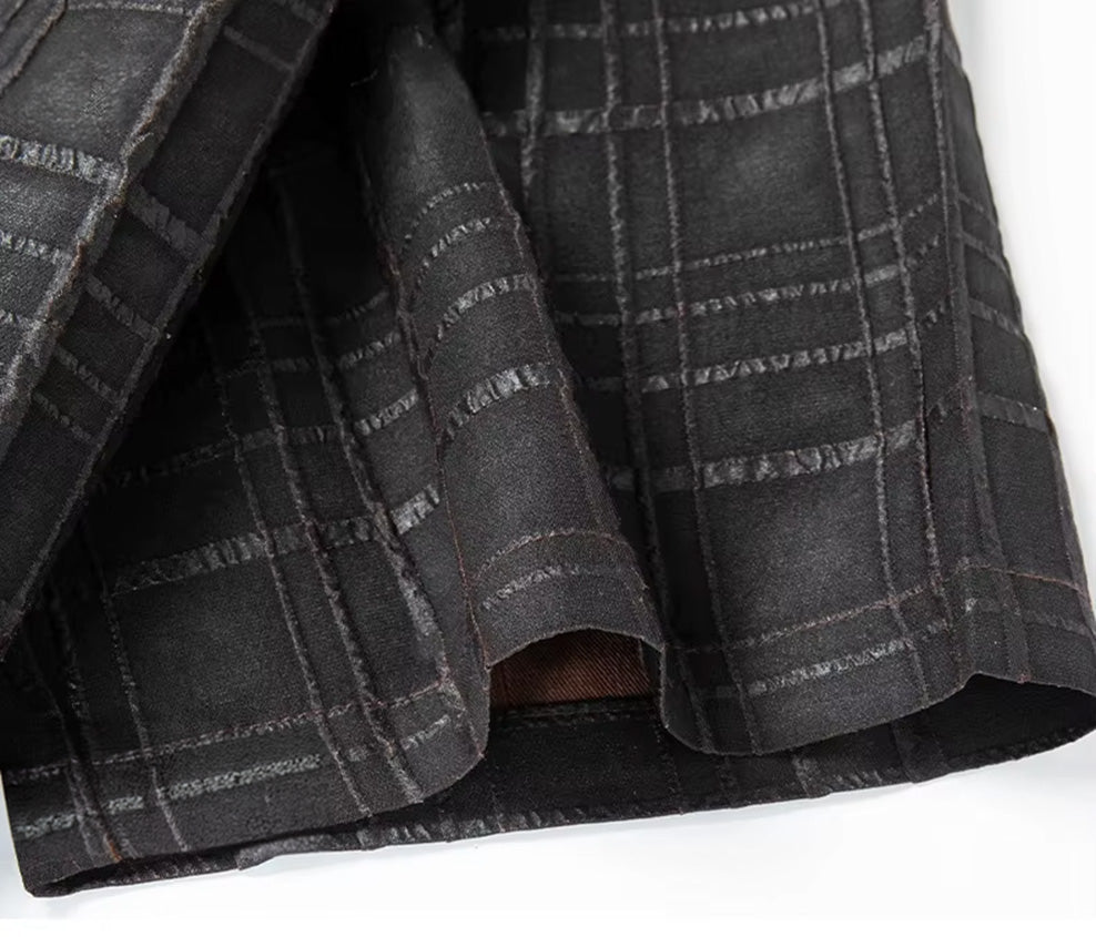 Close-up of the short sleeve cuff, showing the unique textured finish of authentic monochrome Dobby check silk — From Borcelleclothes.
