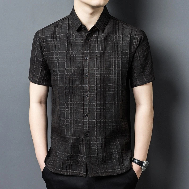 Men's classic collar shirt made of black textured checkered Xiangyunsha silk with a monochrome dobby pattern and a matte-satin finish. — From Borcelleclothes.