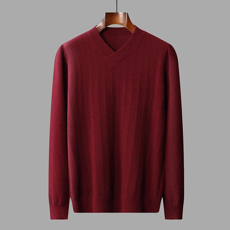 Men's  Crossover V-Neck Cashmere Sweater in Wine, crafted from 100% pure cashmere, featuring a wide wrapped hem, and a unique textured front in airy looped stitches. From Borcelleclothes.
