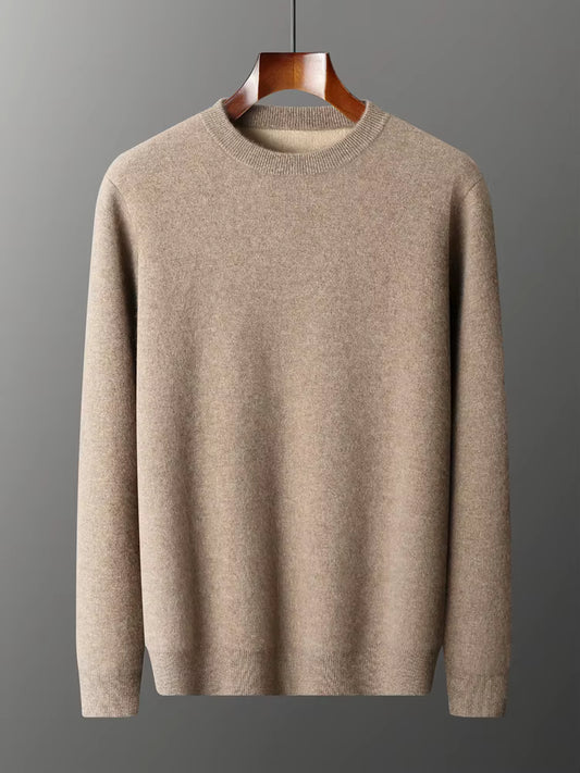 Men’s double-faced fine wool crewneck sweater in Mountain Road beige, highlighting the soft drape, dense texture, and subtle contrast inner collar — From Borcelleclothes.