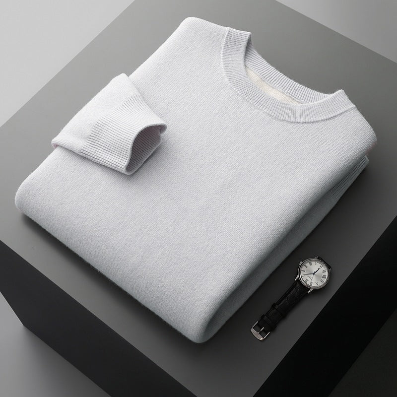 Men's Double-faced wool sweater in October Sky featuring thermal air-layer technology, classic regular fit, and a soft contrast reverse. Quiet, all-day comfort. — From Borcelleclothes.