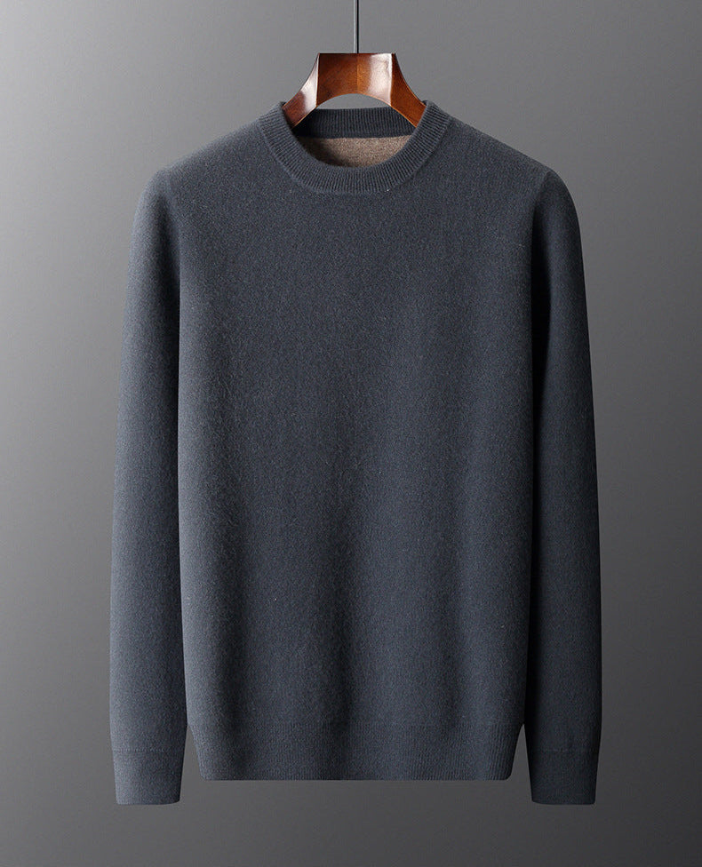 Detailed drape of the men’s double-faced wool sweater in Nighttide charcoal blue alongside Mountain Road, showing the thermal air-layer knit structure — From Borcelleclothes.