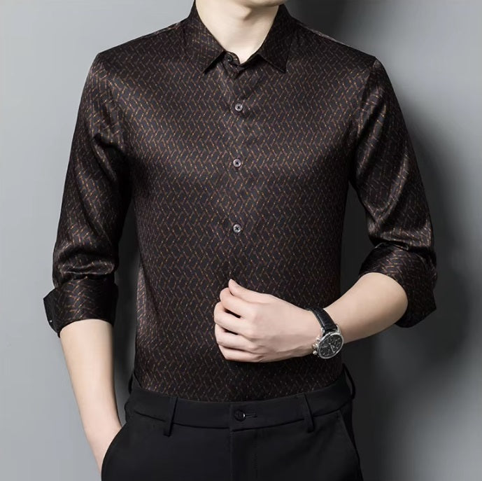 Men’s English Walnut Mulberry silk shirt with model touching front placket — From Borcelleclothes.