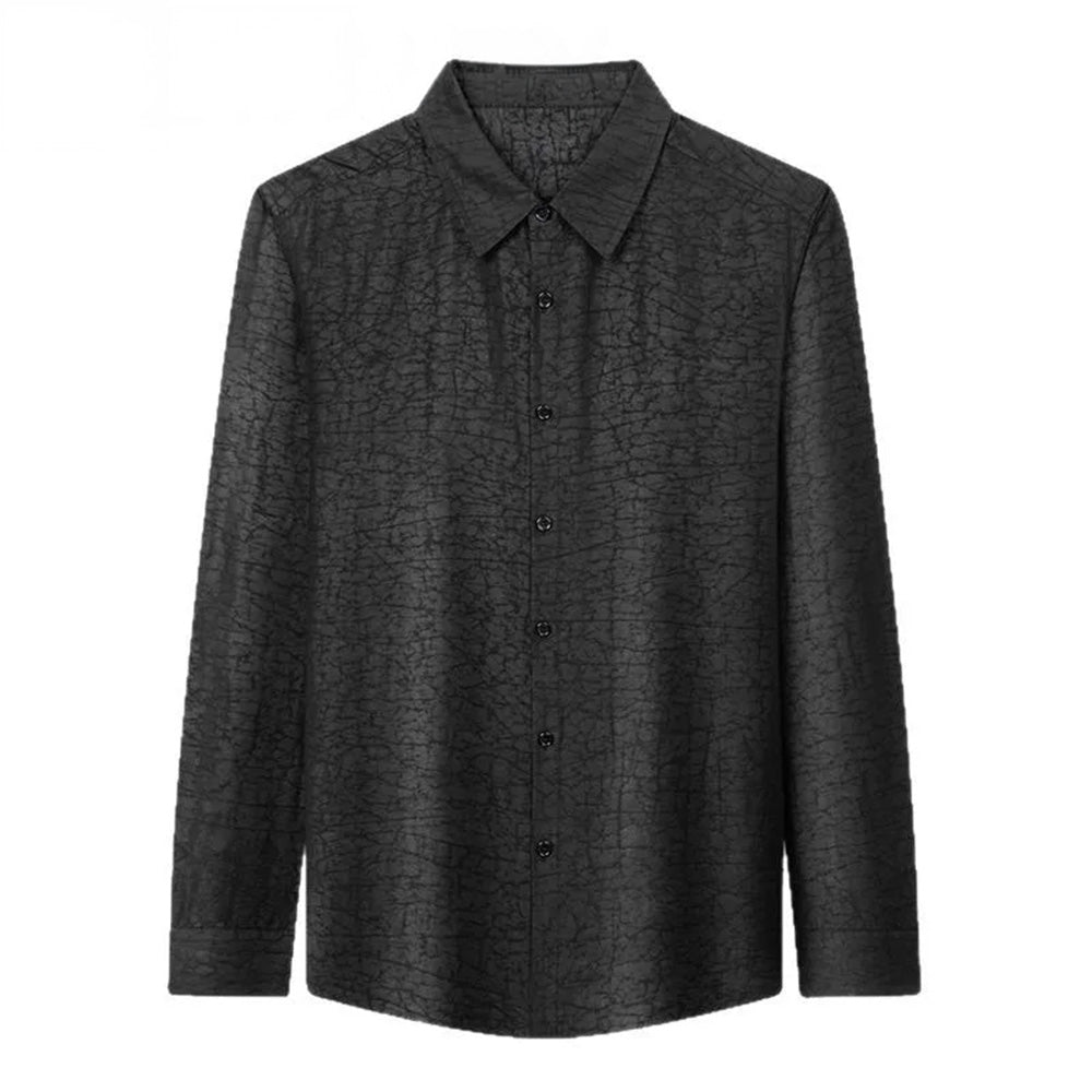 Full shot highlighting the exceptional, heavy fluid drape of the Men's Gambiered Guangdong Silk Shirt as it catches stray lights, revealing the character and hidden scars beneath the cloth — From Borcelleclothes.